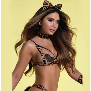 Dreams do come true in a leopard print bodysuit. The Wild Temptation Women’s Costume is a sexy women’s leopard print fantasy outfit. This black lace bodysuit includes a bra, grater, hair band, neck ring, two sleeves and a furry tail. Go wild in this sexy bodysuit made from 95.6%polyester, 4.4% spandex. The lace details are made of 88% nylon and 12% spandex.