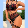 A beautiful multicolored bra set that comes with a pair of stockings . Has a stunning floral design to keep you looking lovely .